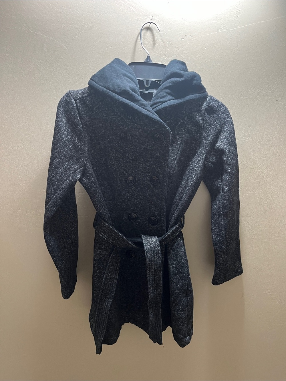 Iz Byer Charcoal Gray Double-Breasted Belted Trench Coat with Hood